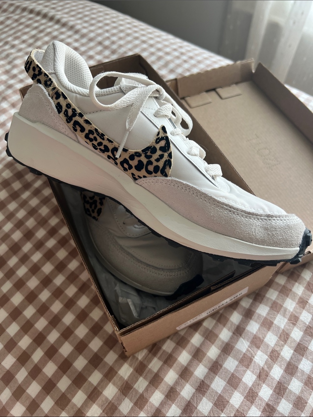 Women’s Nike White & Leopard Waffle Debut Running Shoe